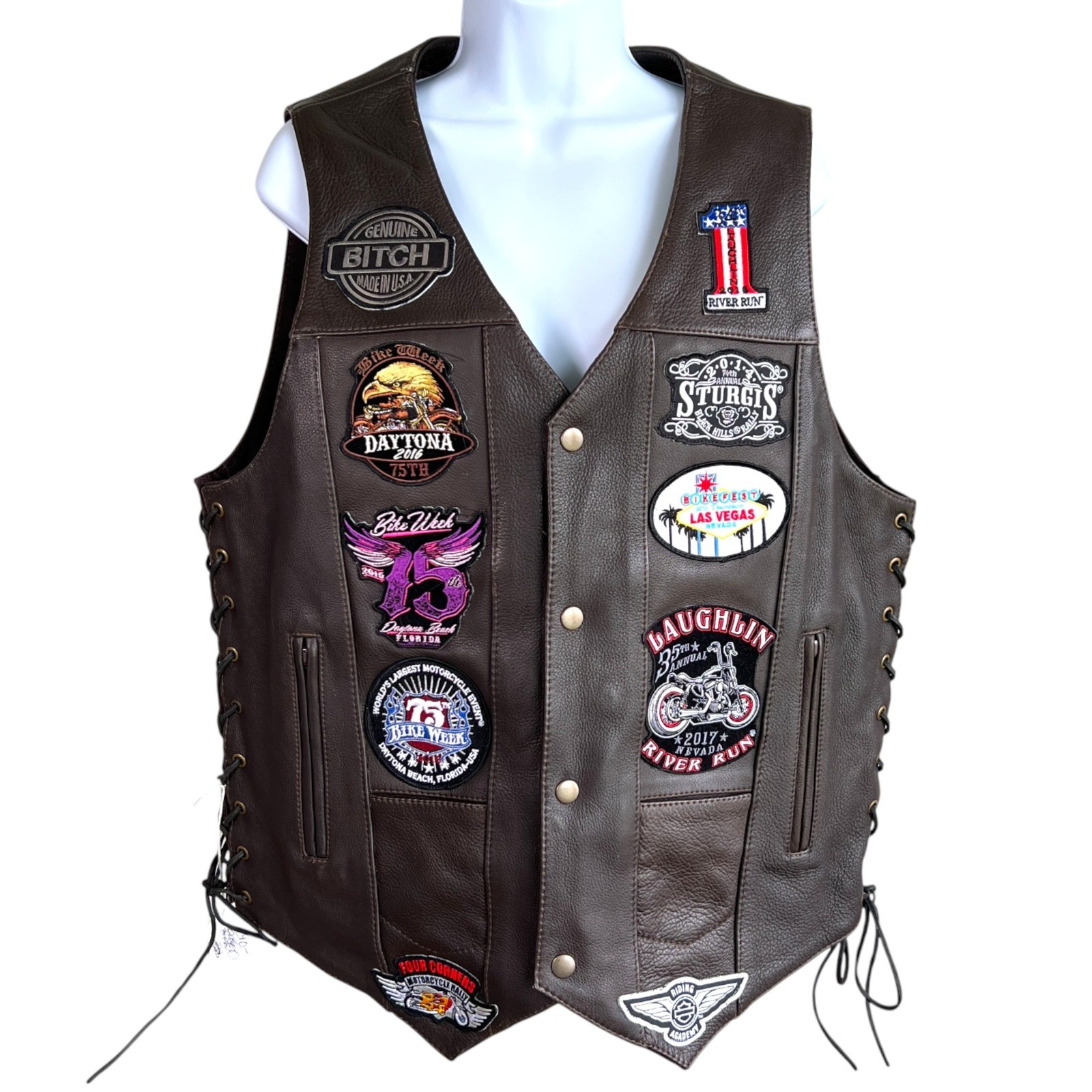 First Classics Womens Leather Motorcycle Vest Brown Size L Bike Week Patches