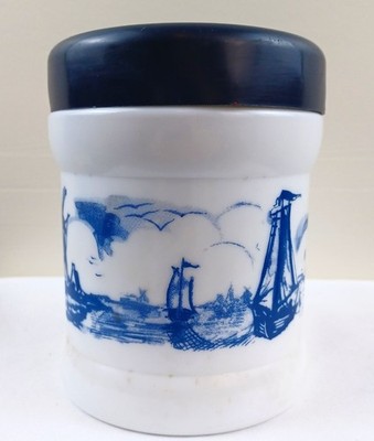 NV Windmill Sugar Jar Made in Belgium Valkensward Holland Milk Glass Blue Delft