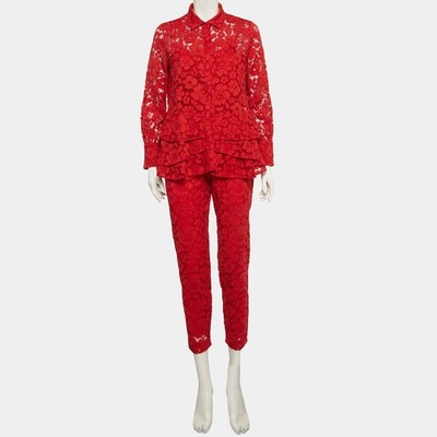 Carolina Herrera CH 花柄 セットアップ 0 レッド 結婚式 CH Carolina Herrera Red Corded Lace Ruffle Top and Straight Pants