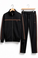 Men s Black Tracksuit Set Zip Jacket Pants Striped Orange 2 Piece Outfit M