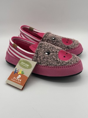 Acorn Kids Slippers Moccasin Pink Faux Fur Animal Print Peppa Pig Size 3-4