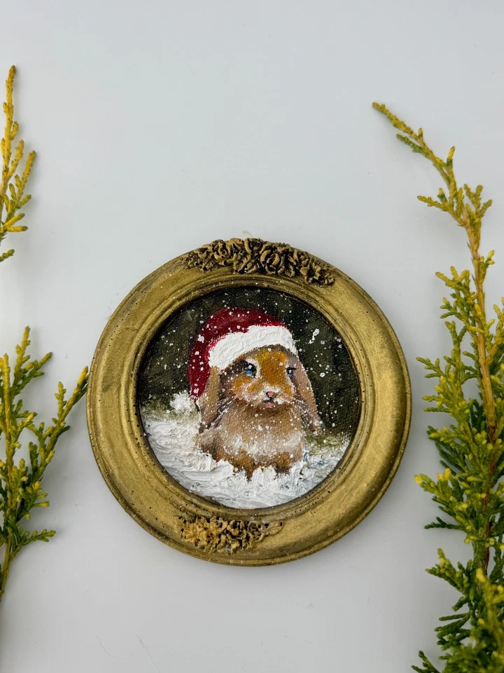 Small oil painting | Vintage Christmas Bunny  | Round ribbon frame | unique gift - Image 3 of 4