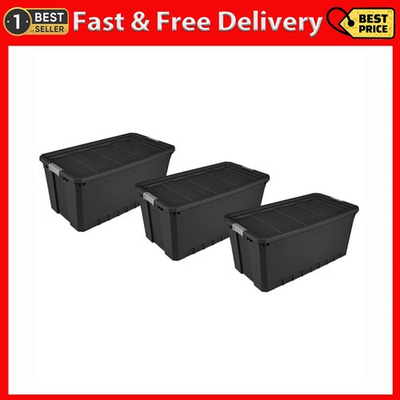 #ad #ad 50 Gallon Stacker Tote Extra Large Durable Plastic Bin Latch Lid Black 3 Count $135.99
