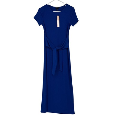 #ad AQUA Royal Blue Ribbed Short Sleeve Tie Waist Maxi Dress NWT Bloomingdales M $31.99
