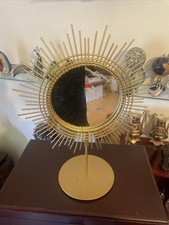 Rare Mid Century Sunburst Starburst Gold Braided Metal Mirror On Stand