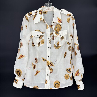Tory Burch Brigitte Blouse Size 4 Button Up Shirt LS Sun Hat Pattern Cotton