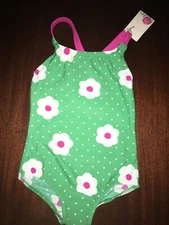 NWT 2/3  Mini Boden Green & Pink Dotted Flowered Swimsuit LAST Size