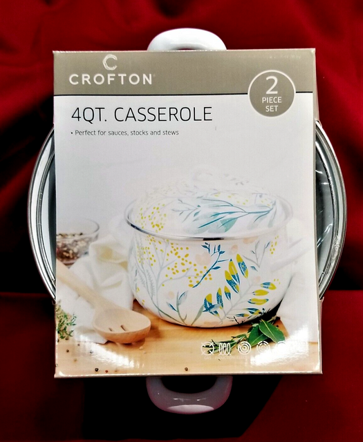 CROFTON Set Of 2 Pot/Pan w/ Lid 1 Qt Enamel Steel Floral for sale