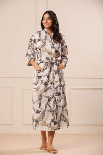 Indian White Cotton Cat Printed Kimono Bath Robes Night Maxi Gown Kimono Robes - 第 7/8 張圖片