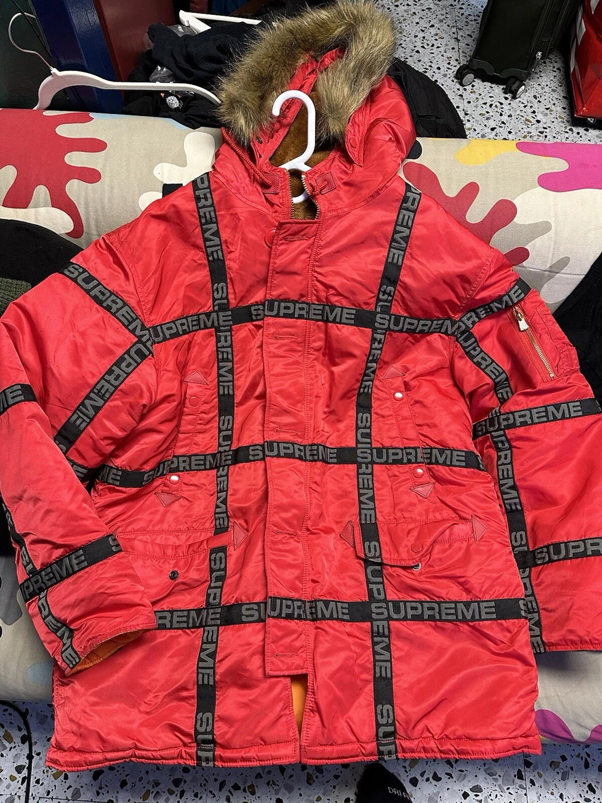 Parka Supreme FW18 Logo Tape N 3B rouge XL rare