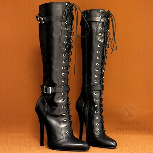Women 14Cm High Heeled Pointed Toe Lace Up Knee Length Boots Vintage Shoes Clubs - Picture 12 of 23