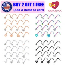 14-16PCS Nose Rings Surgical Steel Screw Shape Nose Studs CZ Labret Piercing 20G
