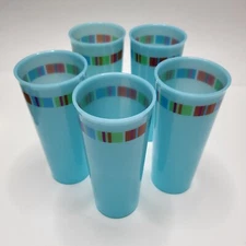 Vintage 5 Tupperware Plastic Tumbler Cups 5107A Stripe Aqua Turquoise Blue 16 oz