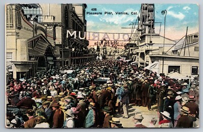 Venice California Pleasure Pier Huge Crowd Aquarium Ferris Wheel c1910 Postcard