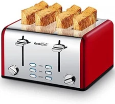 Geek Chef 4 Slice Extra Wide Slots Retro Bagel Toaster Stainless Steel 1500W Red