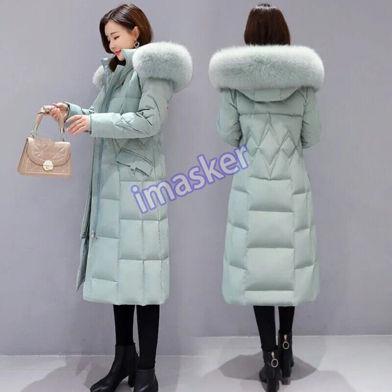 Winter Down Cotton Jacket Long Slim Fit Big Fur Collar Womens Hooded Warm Jacket