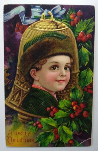 Victorian Christmas Postcard Boy Bell Ornament Series 1480 Germany Antique - Picture 2 of 5