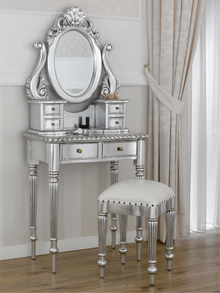 Dressing Table Set Betty Victorian Modern Baroque Style Silver Leaf White Fau