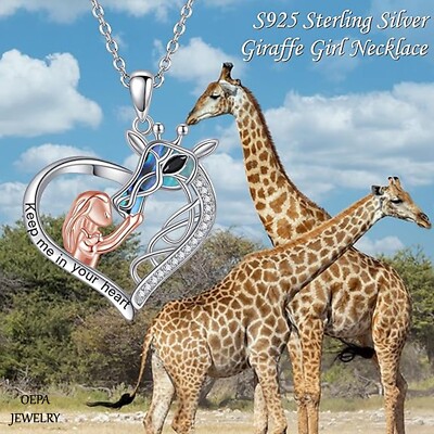 Giraffe Girl Necklace 925 Sterling Silver Heart Necklace Giraffe Women  Necklace
