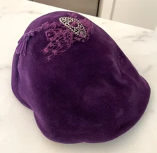 Antique Early 1900s? Strawbridge & Clothier PURPLE Velour Jeweled Beret Flat Cap