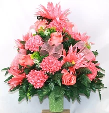 XL Handcrafted 360 Degree Coral Fall Mixture Cemetery Vase Flower Arrangement-