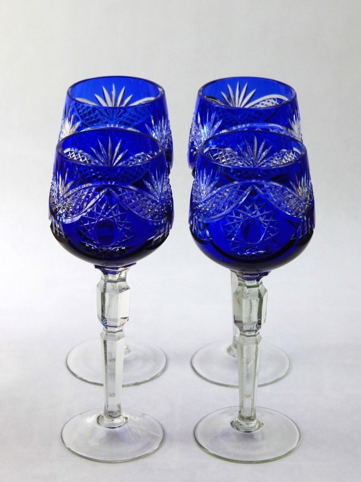 Bohemian Cobalt Blue Cut to Clear Crystal Wine Glass Set eBay