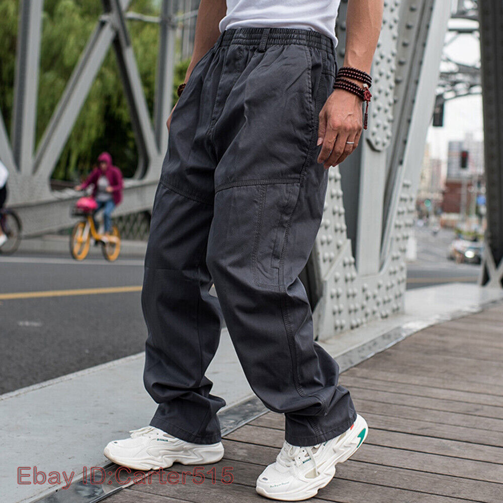 Men Cargo Pants Loose Elastic Waist Oversized Khakis Trousers Multi Pocket  Gray