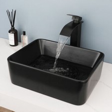 US Black Bathroom Sink Rectangle Ceramic Mixer Deck Mount Brass Pop Up Drain Tap