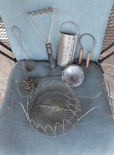 7 Vintage Farmhouse Metal & Wood Kitchen Gadgets - Scrubber Masher Basket Funnel