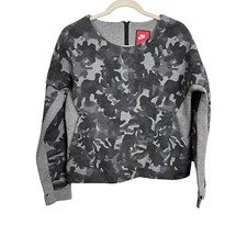 Nike Tech Women’s Sz M Sweatshirt Gray Camo Pullover Cropped Crew Neck Thumb