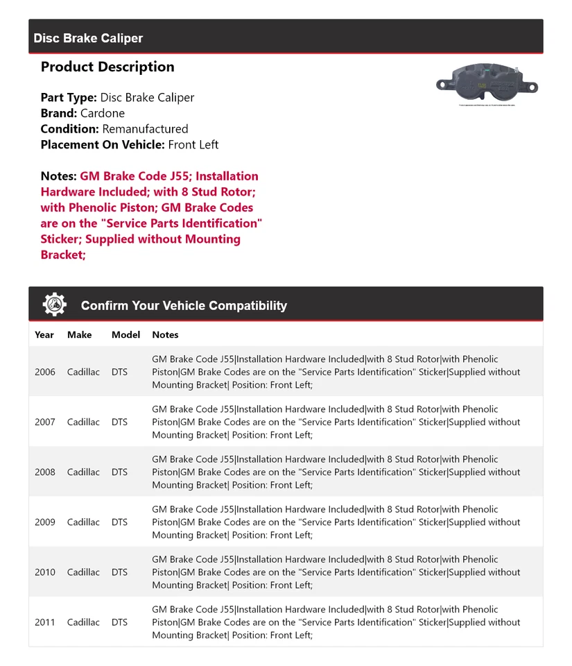 Para 2006-2011 Cadillac DTS pinça de freio a disco dianteira esquerda Cardone 2007 2008 2009 - Imagem 2 de 4