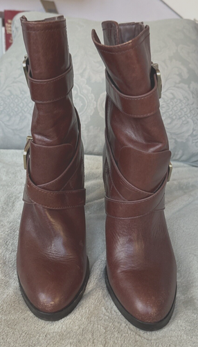 Pour la Victoire Roslin Brown Leather Buckle Bootie 4" Heel 11.5" High Sz 10 - Picture 2 of 7