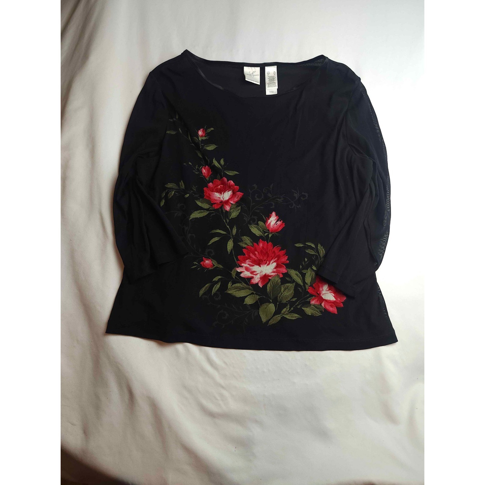 Emma James Liz Claiborne Black Floral Mesh Top XL 3/4 Sleeve Blouse