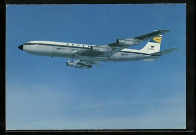 Ansichtskarte Flugzeug Boeing 707 Intercontinental am Himmel, Lufthansa 