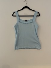Emreco Blue 100% Cotton Ribbed Vest Top Lettuce Hem Square Neck UK 16 Pastel Y2K