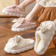 Winter Warm Fur Slippers for Women Cute Bow House Non Slip Soft Shoes Comfort Fl