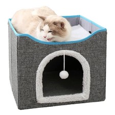 Cat Bed with Scratching Pad and Hanging Fluffy Ball Foldable Large Cat Cave H...