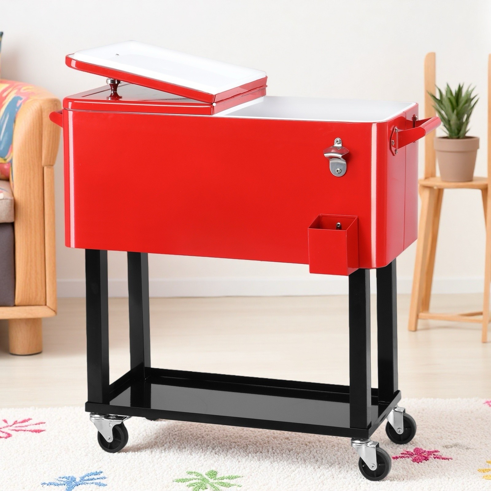 80QT Insulated Rolling Cooler Cart - Drain Plug, Bottom Shelf & Red Ice Chest