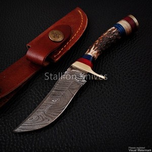 6’’ Handmade Damascus Steel Hunting/Camping Sharp Stag/Antler Knife with Sheath