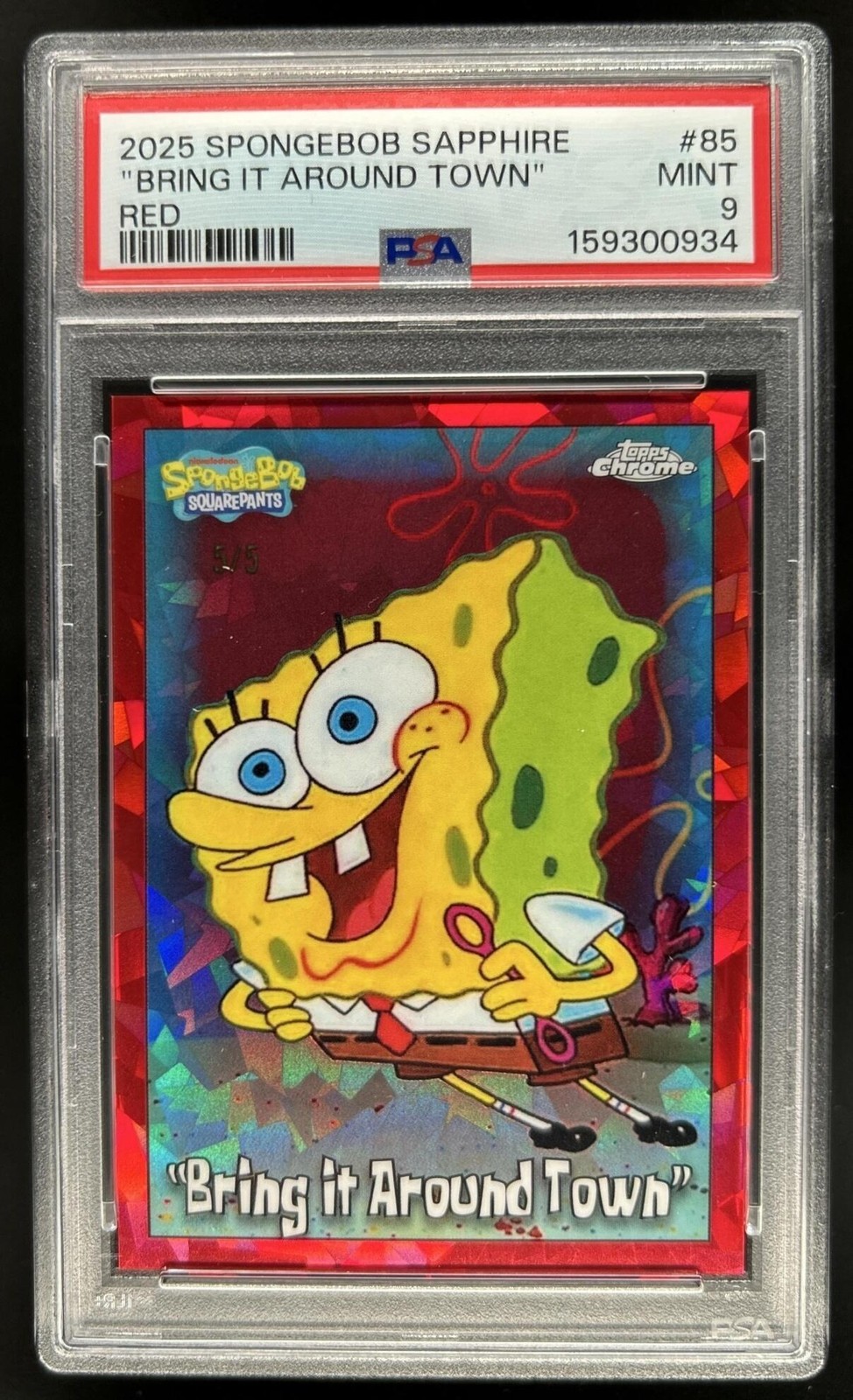 2025 Topps Chrome SpongeBob Sapphire Bring it Around Town Red #/5 PSA 9
