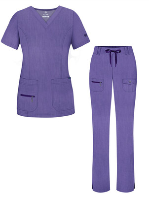 Adar Pro Heather Scrub Set For Women Enhanced V-Neck Top & Multi Pocket Pants