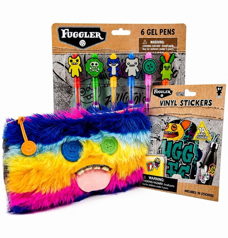 Fuggler Multicolor Plush Zip Pencil Case Set w/ 6 Gel Pens & Vinyl Stickers