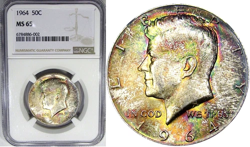 1964 50C NGC MS65 SILVER KENNEDY ~ RAINBOW SPECKLED GEM!
