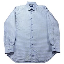 David Donahue Dress Shirt Mens 16 34/35 Blue Check Regular Fit Long Sleeve