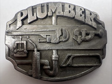 1987 Siskiyou Buckle Co Plumber Pewter Belt Buckle USA Wrench Tools Trade Theme