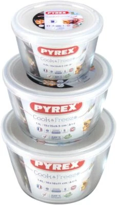 Pyrex Cook & Freeze Round Borosilicate Glass Dish with Plastic Lid - White