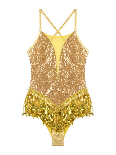 Women Sparkle Sequins Tassel Latin Jazz Dance Leotard Bodysuit Dancewear Costume - Picture 10 of 65