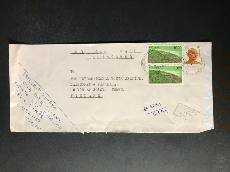 India Registered Cover to Finland City Cancel 1980s-1990s Cover #228