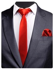 2.4" Slim Necktie and Handkerchief Set For Men Solid Red Skinny Tie 0754-13