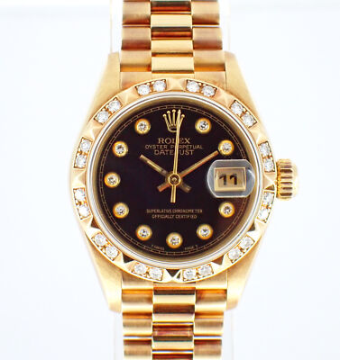 Rolex Lady-Datejust 69258 18K Yellow Gold Diamond Bezel 26mm Onyx